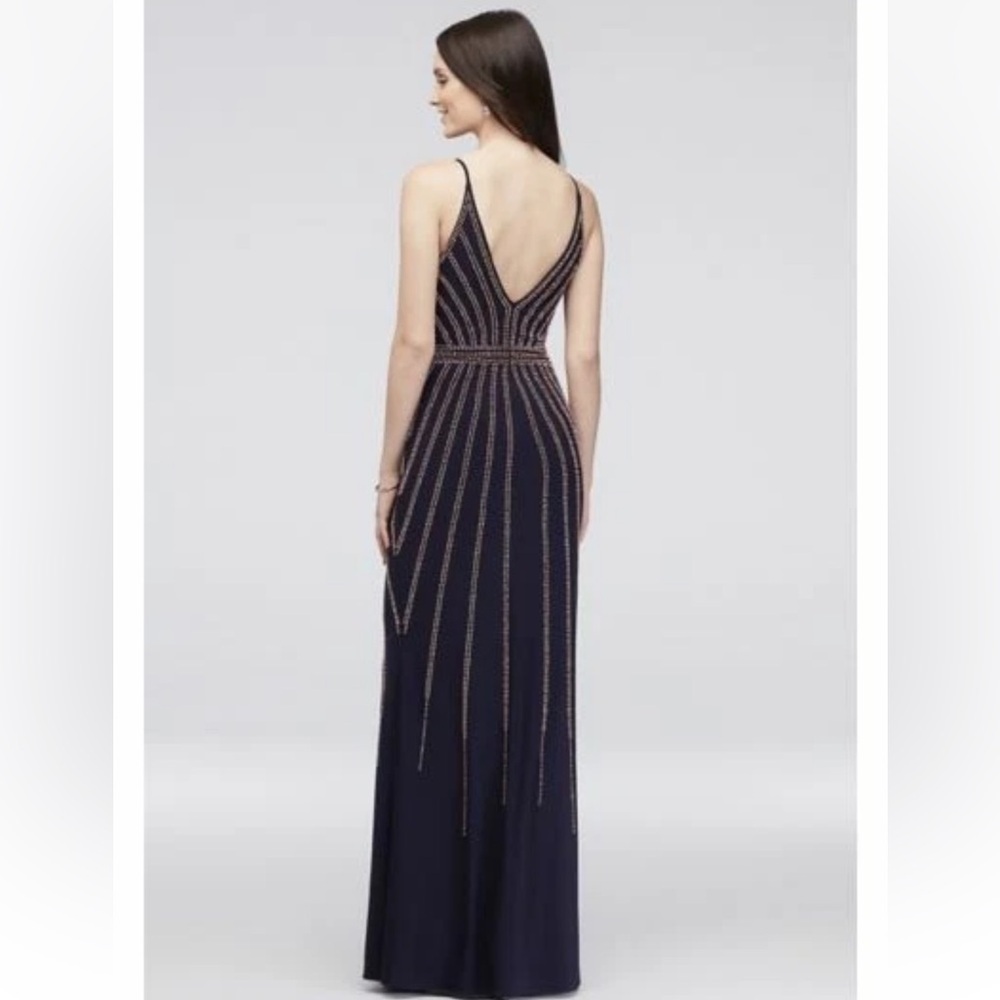 Xscape Beaded Evening Gown, Dark Navy Blue, Deep V, Sheath, Thin Straps, Size 2 - Picture 2 of 16